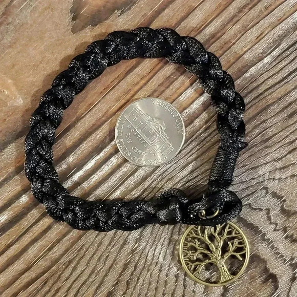 Braided Jet Black Silk Antique Brass Tree of Life Charm Button Bracelet - Picture 3 of 5